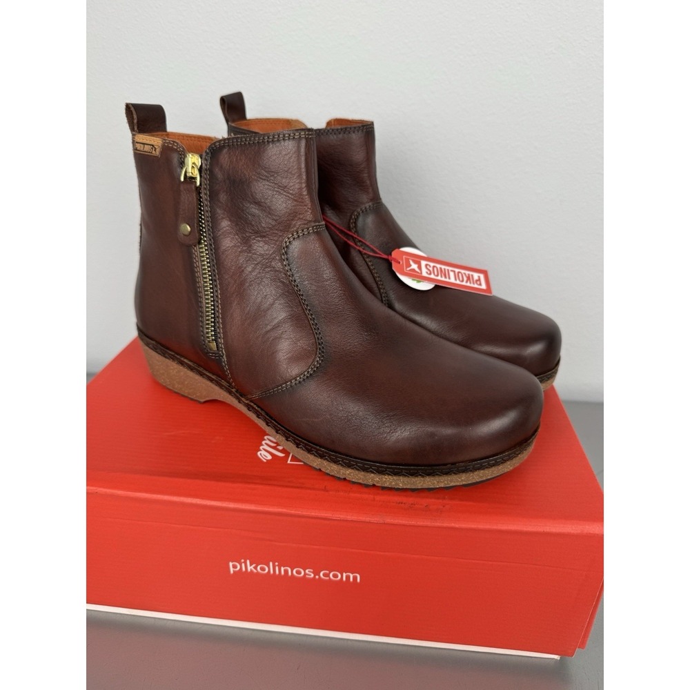 Pikolinos Granada Brown Leather Ankle Boots Womens 10 / 41 Caoba Side Zip Bootie